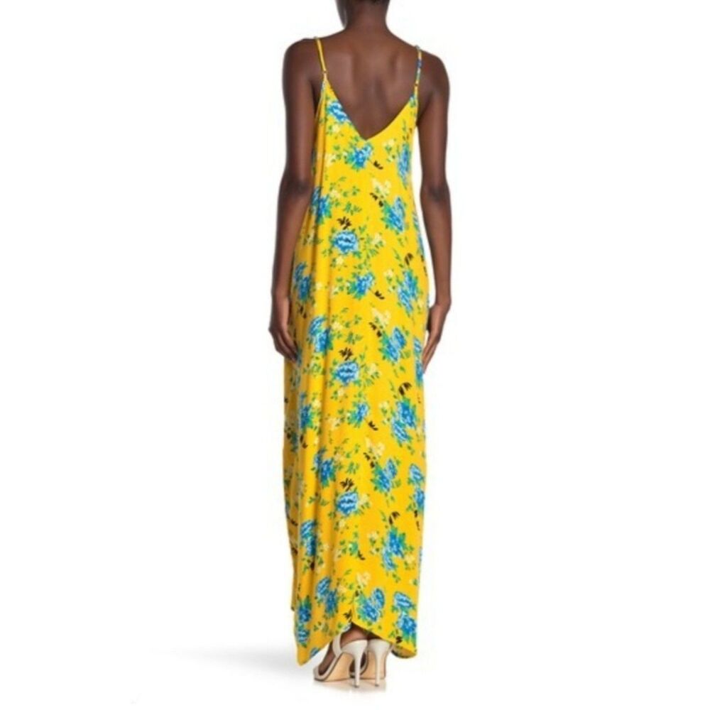 Love Stitch Floral Maxi Dress S M Yellow Gauze Boho Tiered Pocket Vacation Cami - Picture 2 of 10